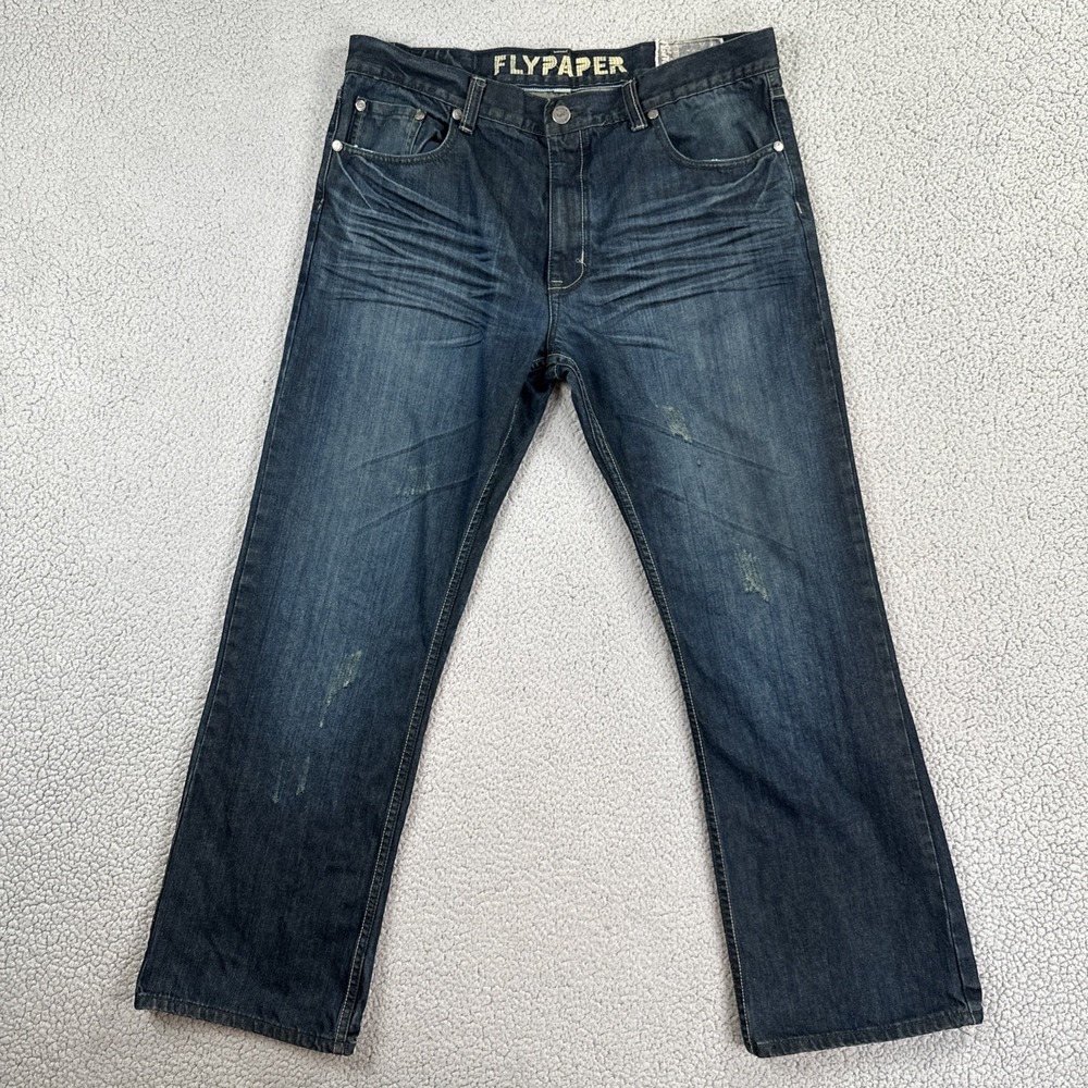 Flypaper Bootcut Jeans Men 38x32 Blue Whisker Dark Wash Premium Denim Distressed